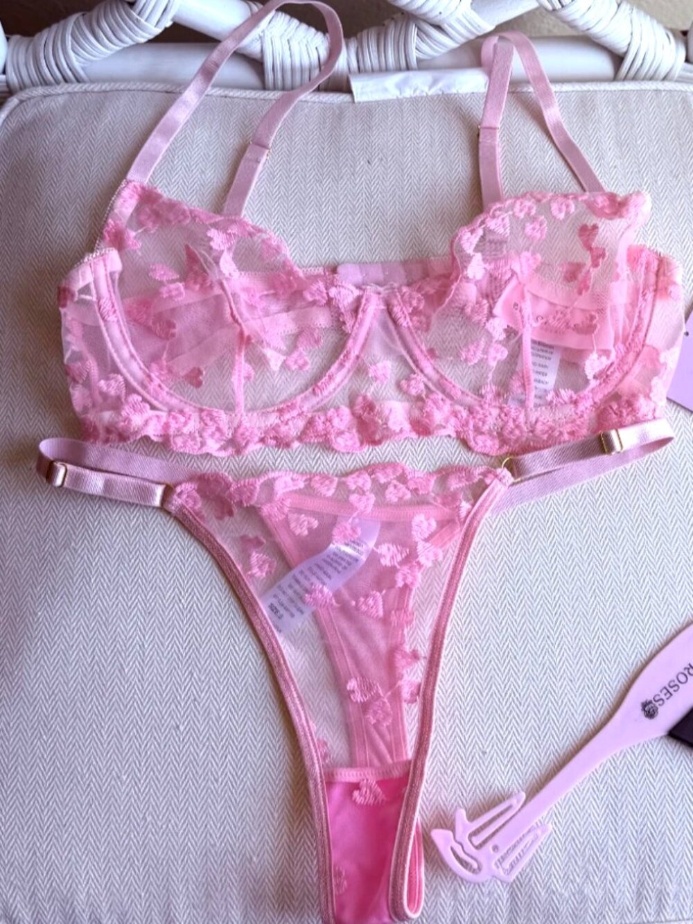 Bed of Roses Pink Heart Embroidered Mesh Lingerie Set Bra Thong Size S NWT